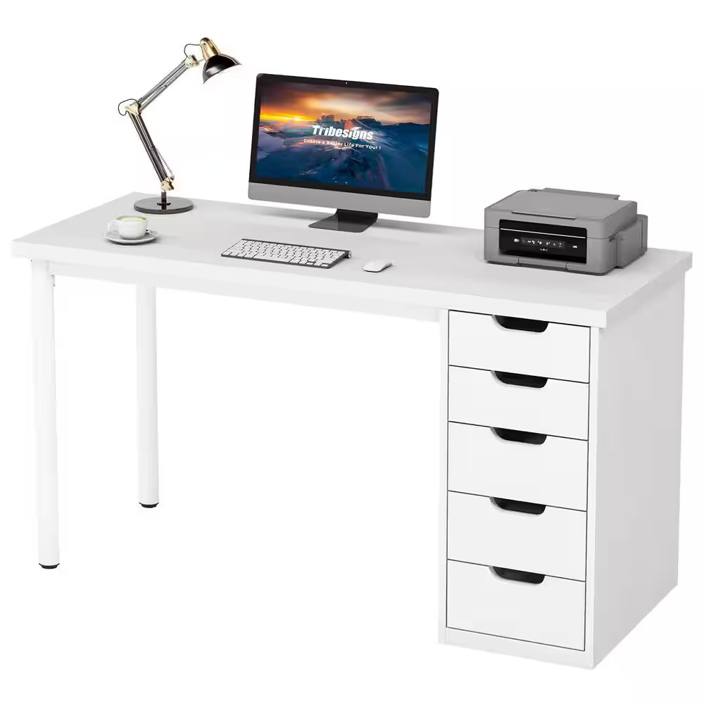 Havrvin 47 In. Rectangular White 5-Drawer Computer Desk, Modern Study Writing Ta gallery