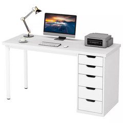 Havrvin 47 In. Rectangular White 5-Drawer Computer Desk, Modern Study Writing Ta