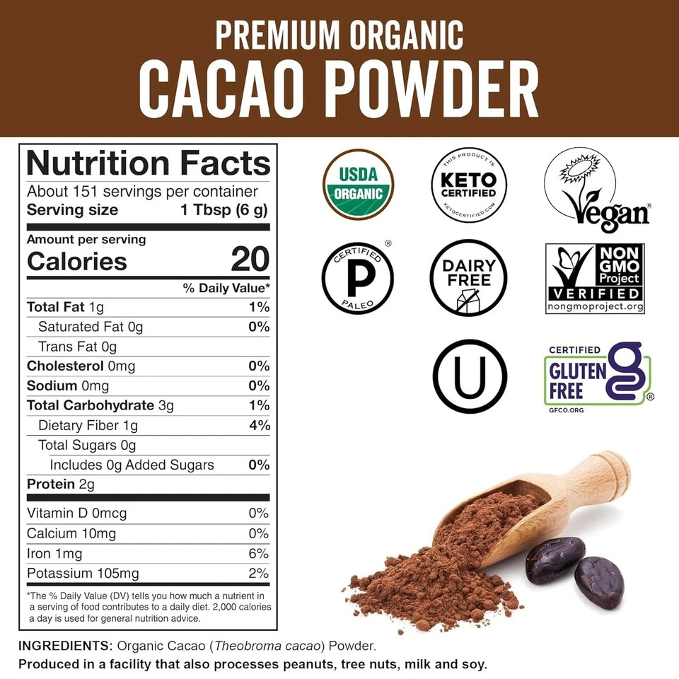 Organic Cacao Powder, Unsweetened, 2 lb 907 g Rich Dark Chocolate Flavor 2 Pound gallery