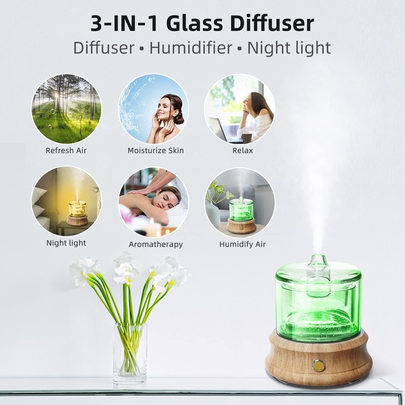 Glass Essential Oil Diffuser, 80ML Small Glass Reservoir Natural Wood Base Ul... gallery