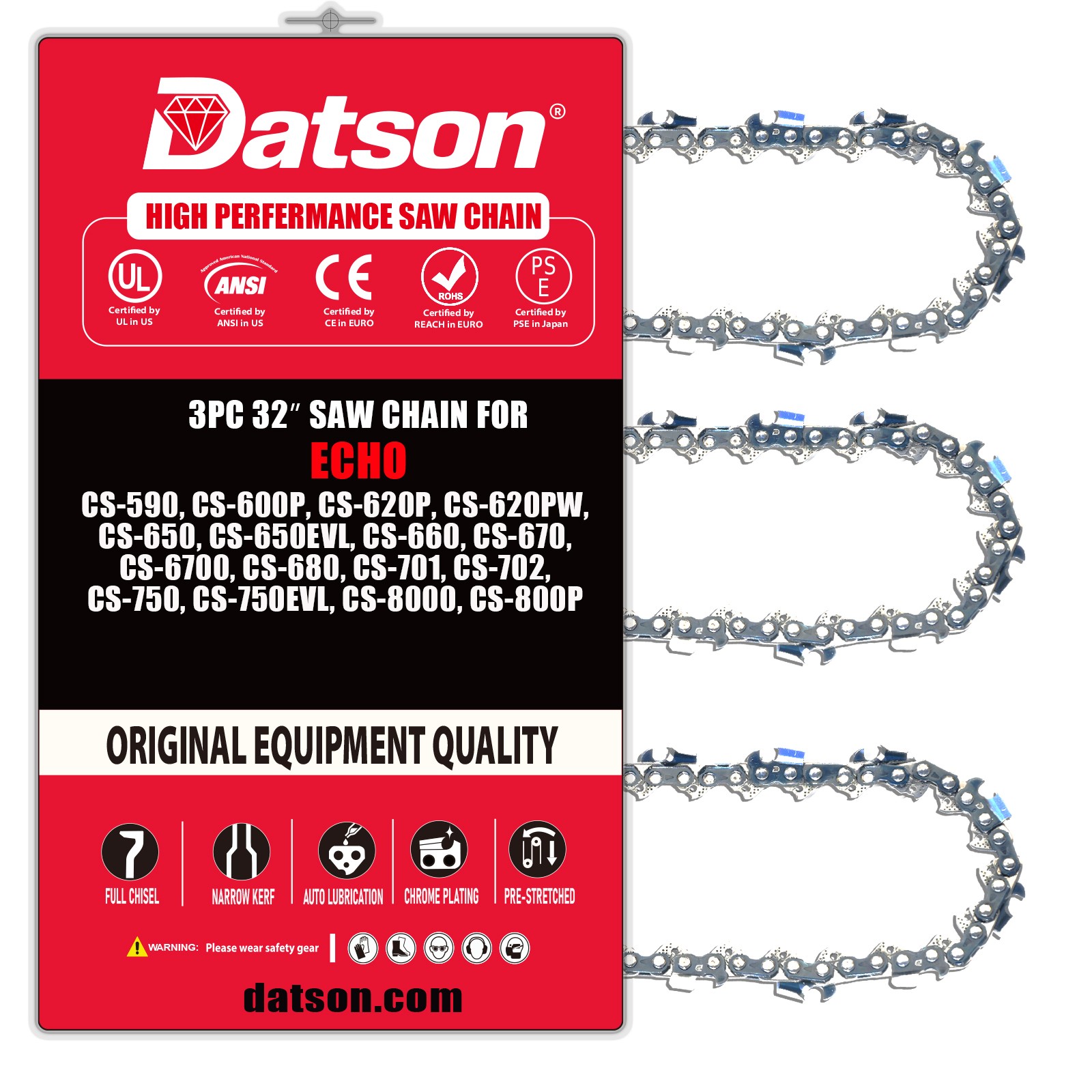 3PCS,32 inch Chainsaw Chain FOR ECHO CS-750EVL,CS-8000,CS-800P,105DL .3/8"LP.050 gallery