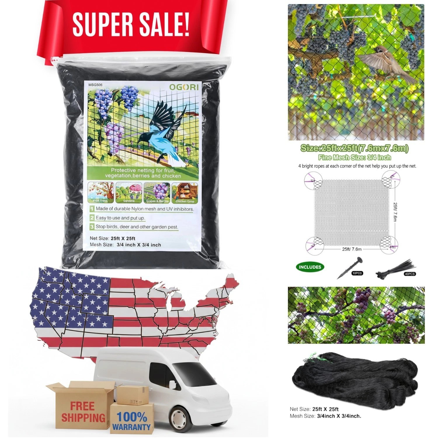 Weather-Resistant 25' x 25' Bird Netting - Safeguard Your Fruits and Vegetables gallery
