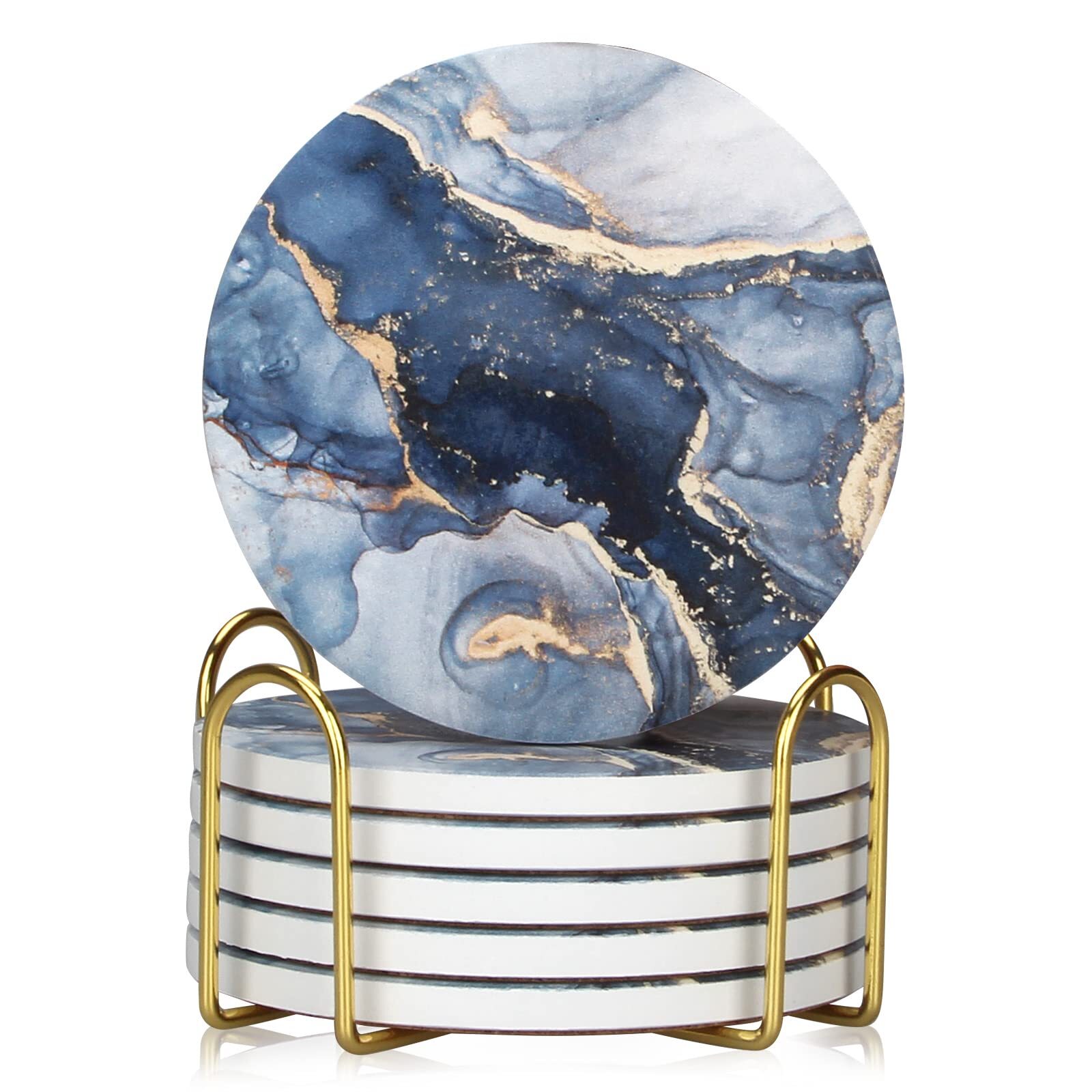 6 Pcs Navy Blue Marble Abstract Ceramic Coasters with Holder Best Absorbent Drin gallery