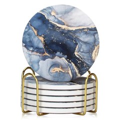 6 Pcs Navy Blue Marble Abstract Ceramic Coasters with Holder Best Absorbent Drin