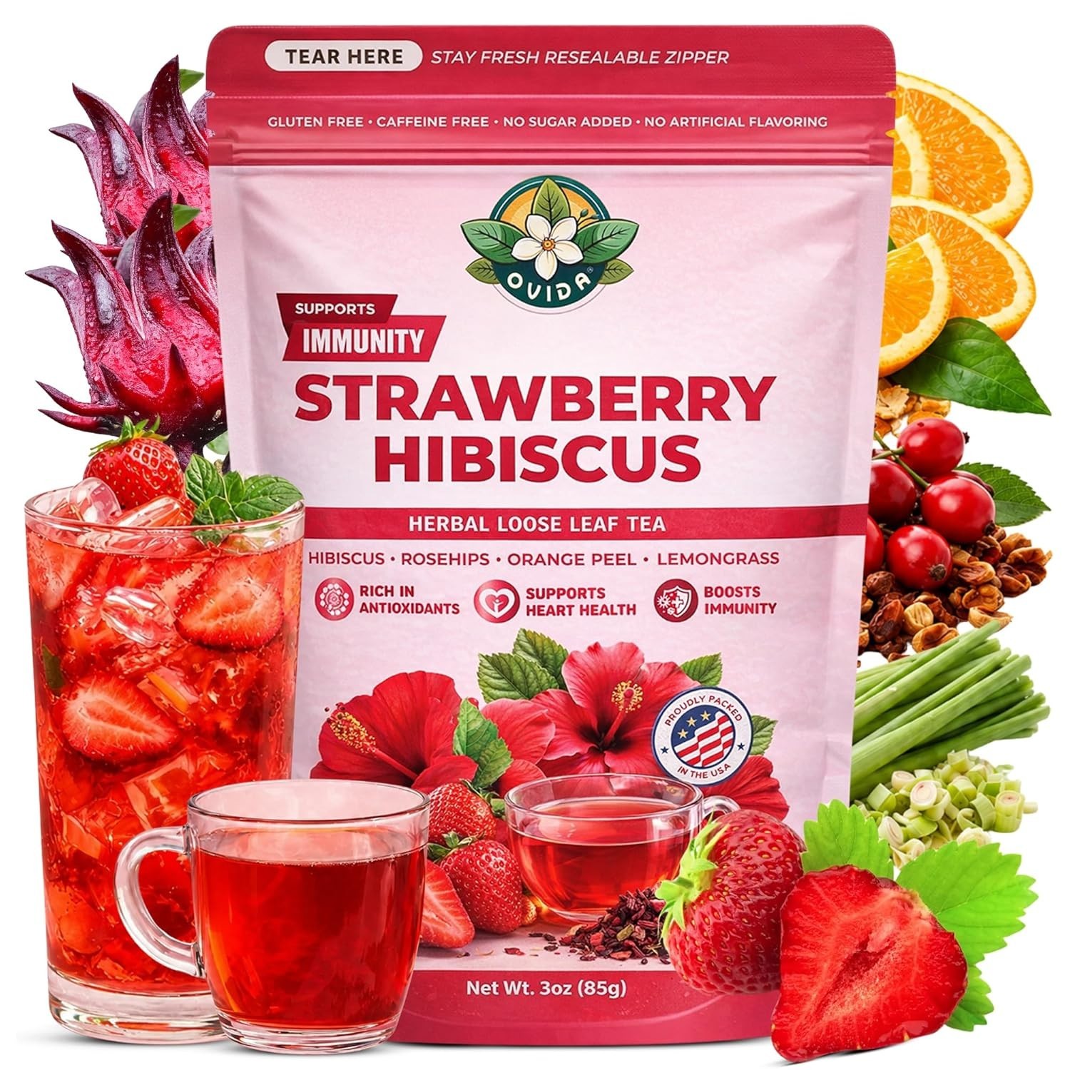 Strawberry Hibiscus Tea, Caffeine-Free Antioxidant Herbal Blend, Loose Leaf 3oz, gallery