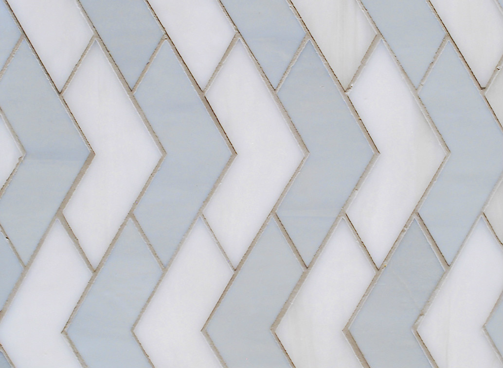 CHEVRON LIGHT GREY WITH WHITE GLASS TILE MOSAIC BACKSPLASH (SOLD BY THE SHEET) gallery