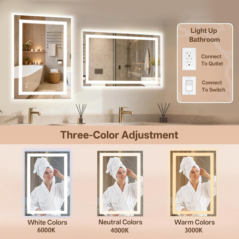 Dimmable LED Bathroom Mirror 24x36 Inch with Anti-Fog and Gradient Lighting gallery