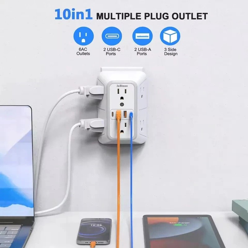 6 Outlet Extender Surge Protector Multi Plug Wall Adapter USB Charger Ports with gallery