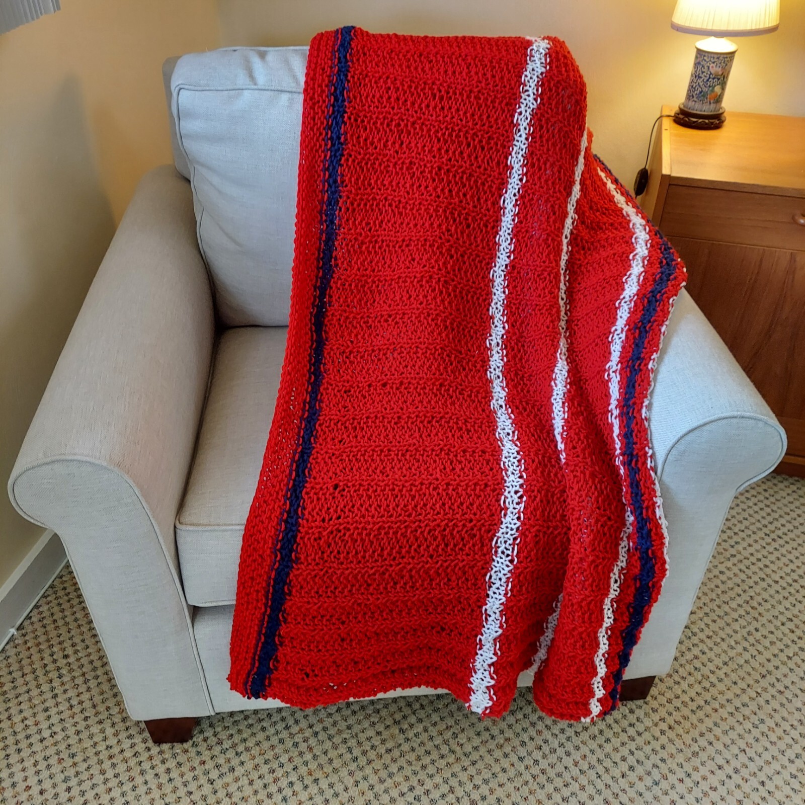Hand Crocheted Throw Afghan Blanket 56x78 Bright Red & Stripes Grannycore gallery