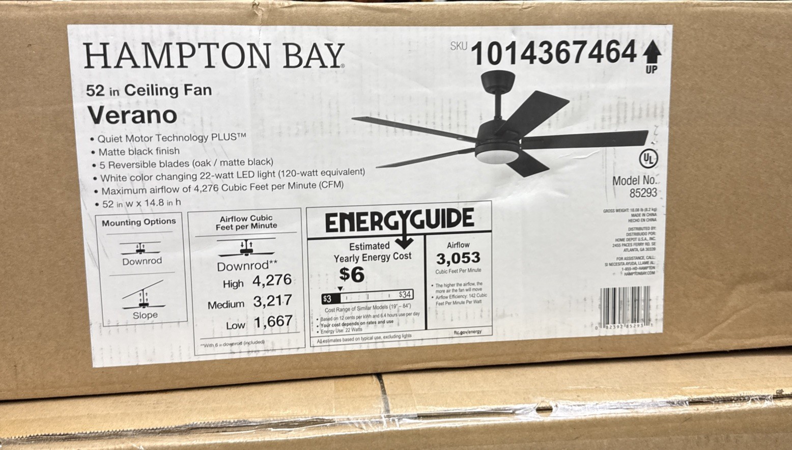 Hampton Bay Verano 52" Indoor Matte Black Downrod Mount Ceiling Fan w Remote gallery