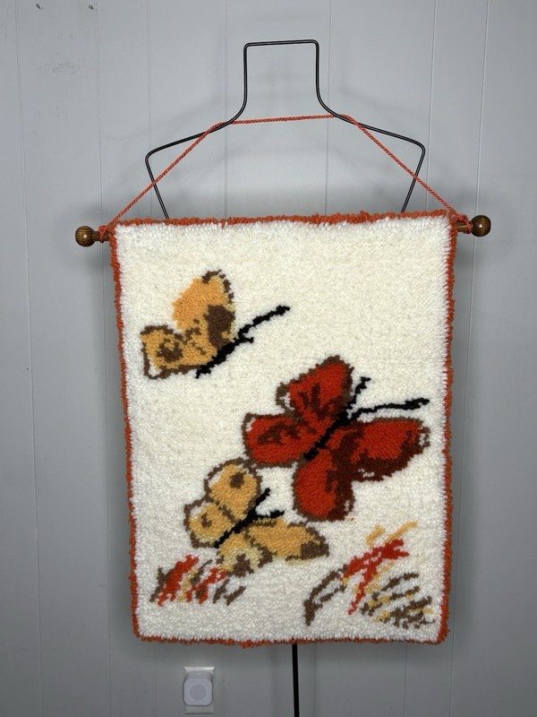 Vintage Retro Butterfly Latch Hook Wall Hanging Rug 1970s Orange Boho Hippie 27” gallery