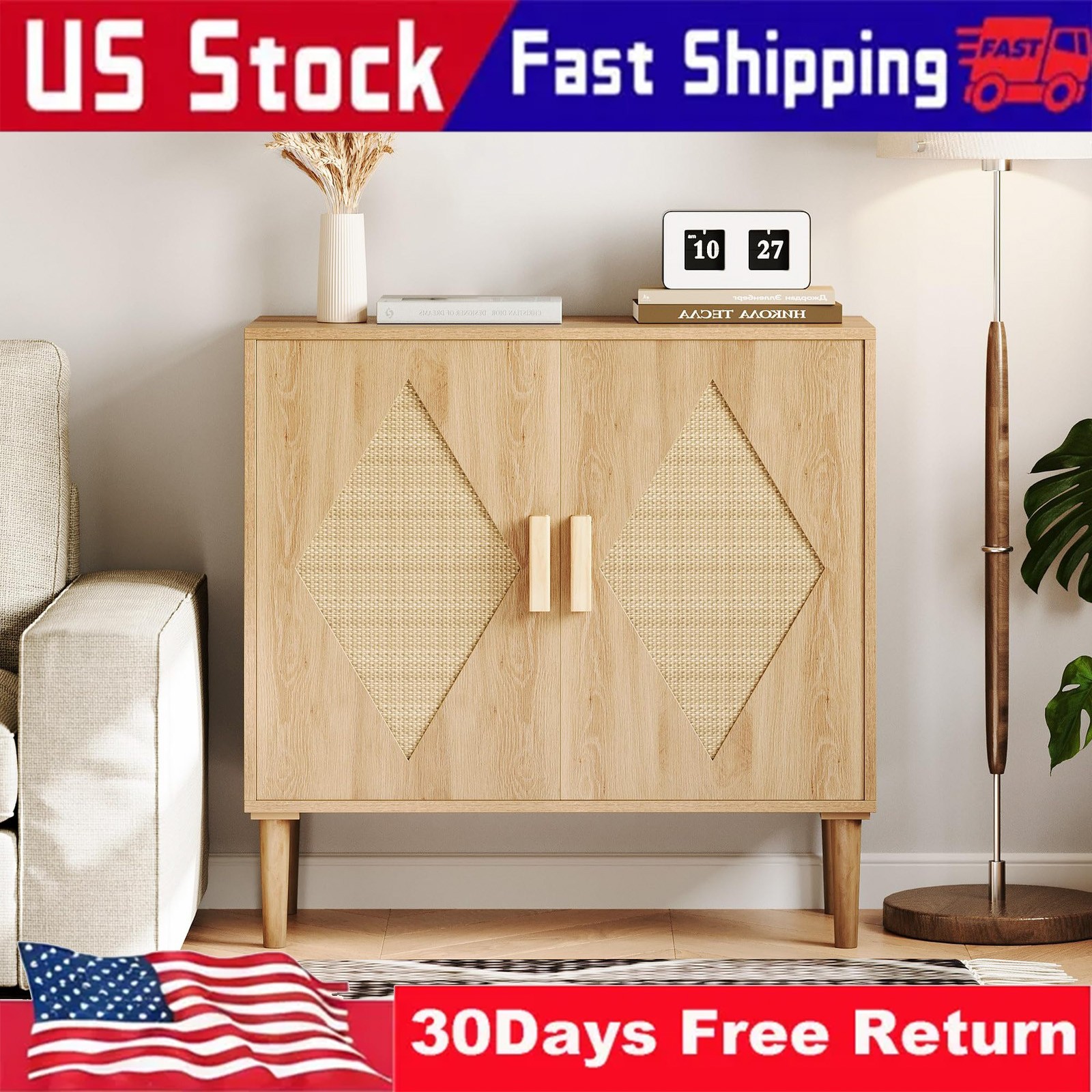 Particleboard Rattan Two Door Storage Cabinet Sideboard Cabinet, Wood color gallery
