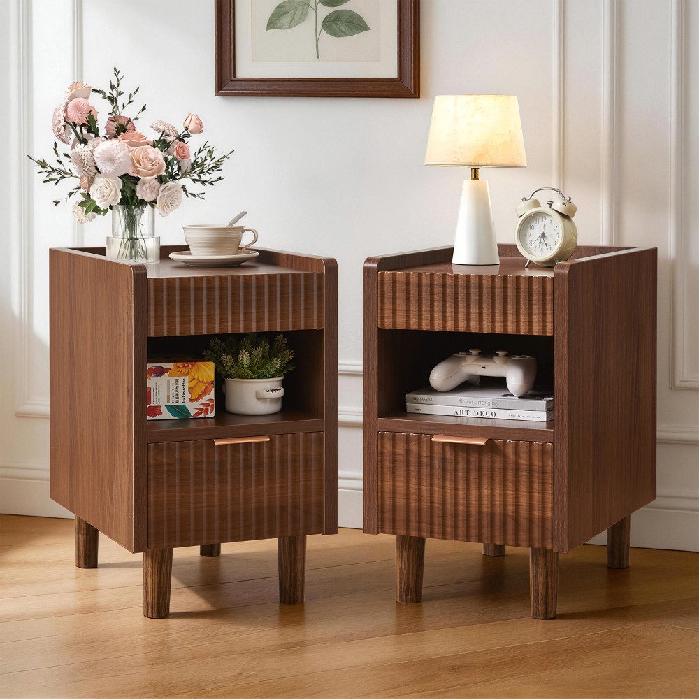 Walnut Brown Fluted Wood Nightstand, Modern Bedroom Bedside Side End Table gallery
