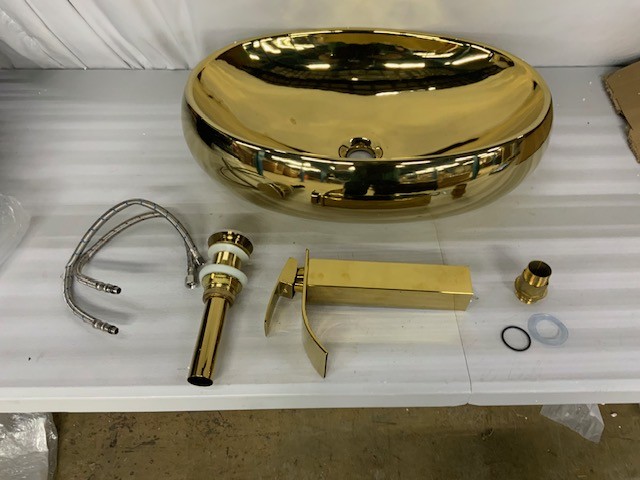Oval Gold Ceramic Bathroom Basin Vessel Sink Mixer Faucet Tap Popup Drain Combo gallery