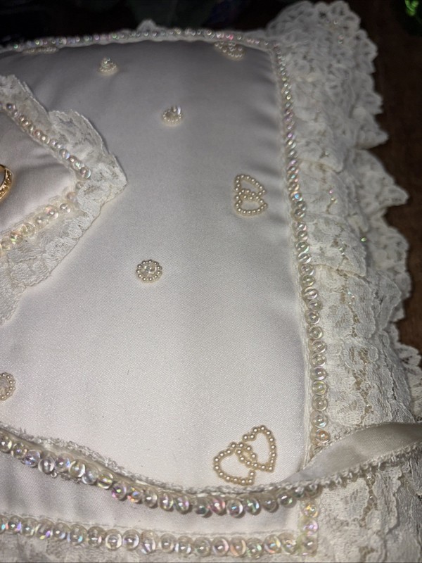 Vintage Wedding Ring Pillow Ring Bearer Lace Iridescent Beads13 X 13 Inches.￼￼ gallery