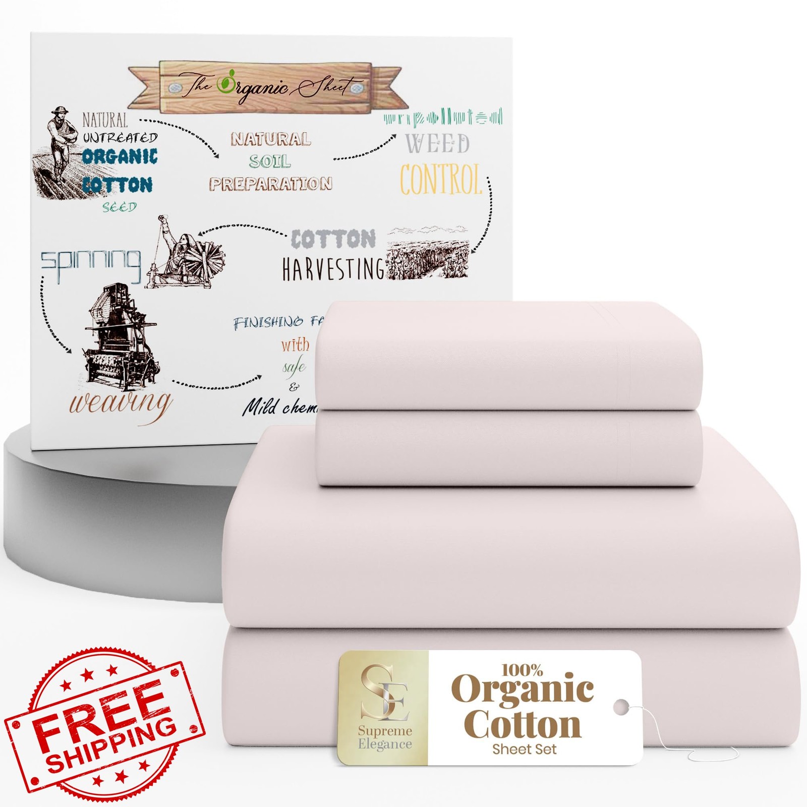 SUPREME ELEGANCE 4Pc 100% Organic Cotton Queen Sheets Set, Blush, Cooling Per... gallery