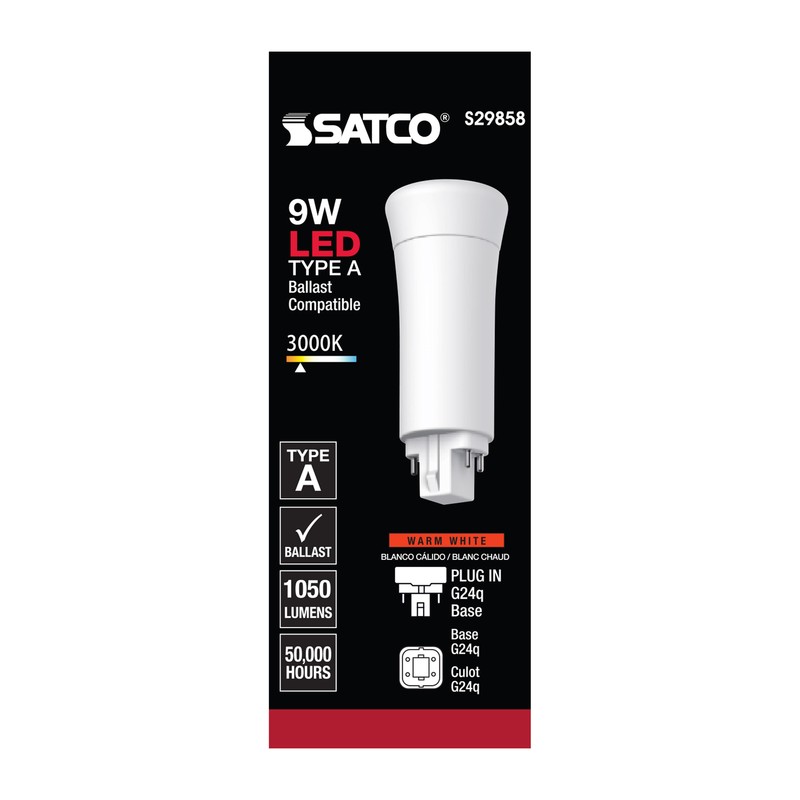 Satco S29858 LED CFL PL Replacement Vertical Bulb 9W 4-Pin G24q 3000K Warm White gallery