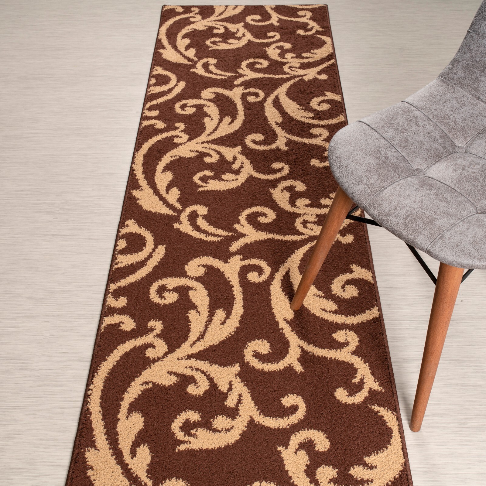 Custom Length Stair Hallway Carpet Runner Rug Non Slip Backing, Floral Brown gallery