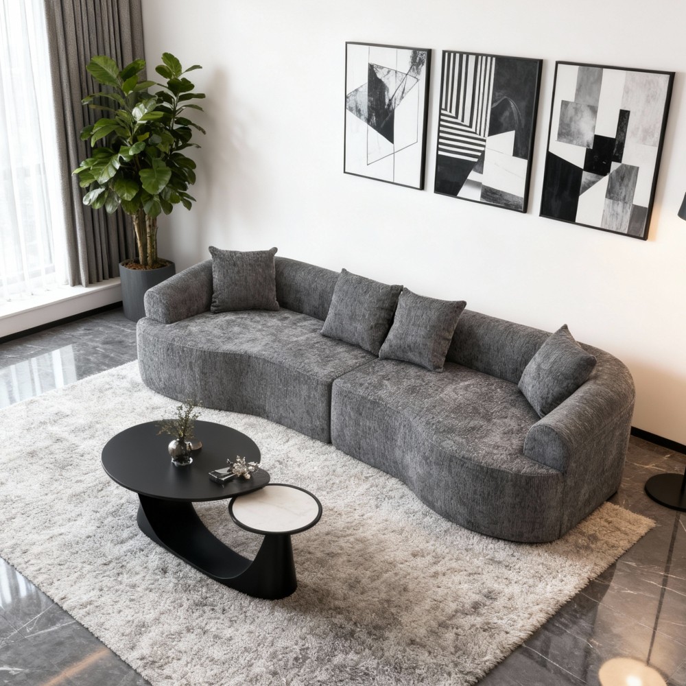 Curved Boneless Sofa,Compression Modular 108'' Sectional,Grey High-Density