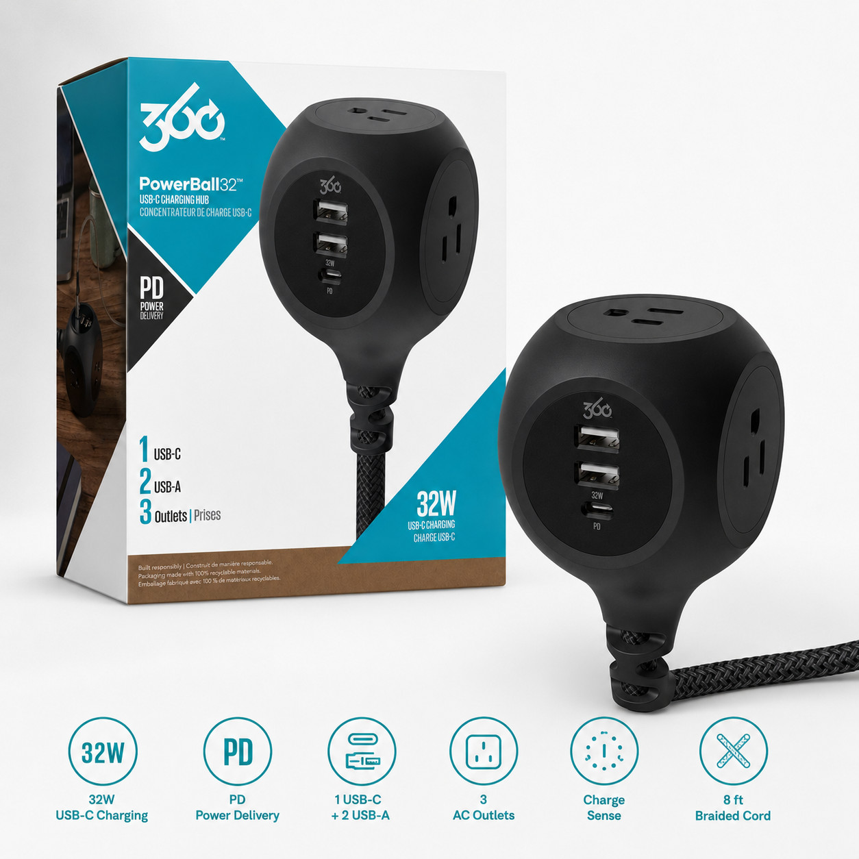 360 Electrical PowerBall32 32W Power Strip with 3 AC Outlets + 1 USB-C + 2 USB-A gallery