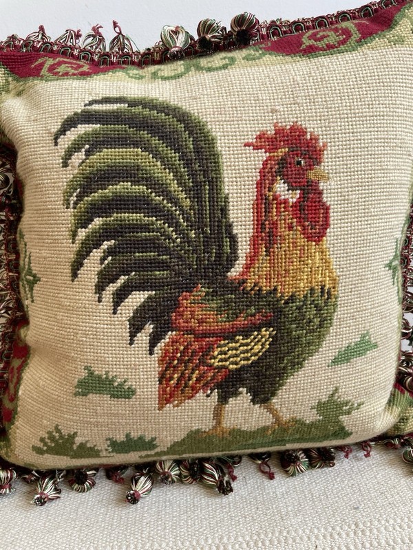 Vintage Needlepoint Rooster Velvet Back Pillow Insert Included Farmhouse gallery