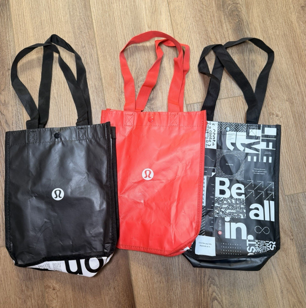 Lululemon Foldable Reusable Shopping Bags Set of 3 Black Red Multicolor Plastic gallery