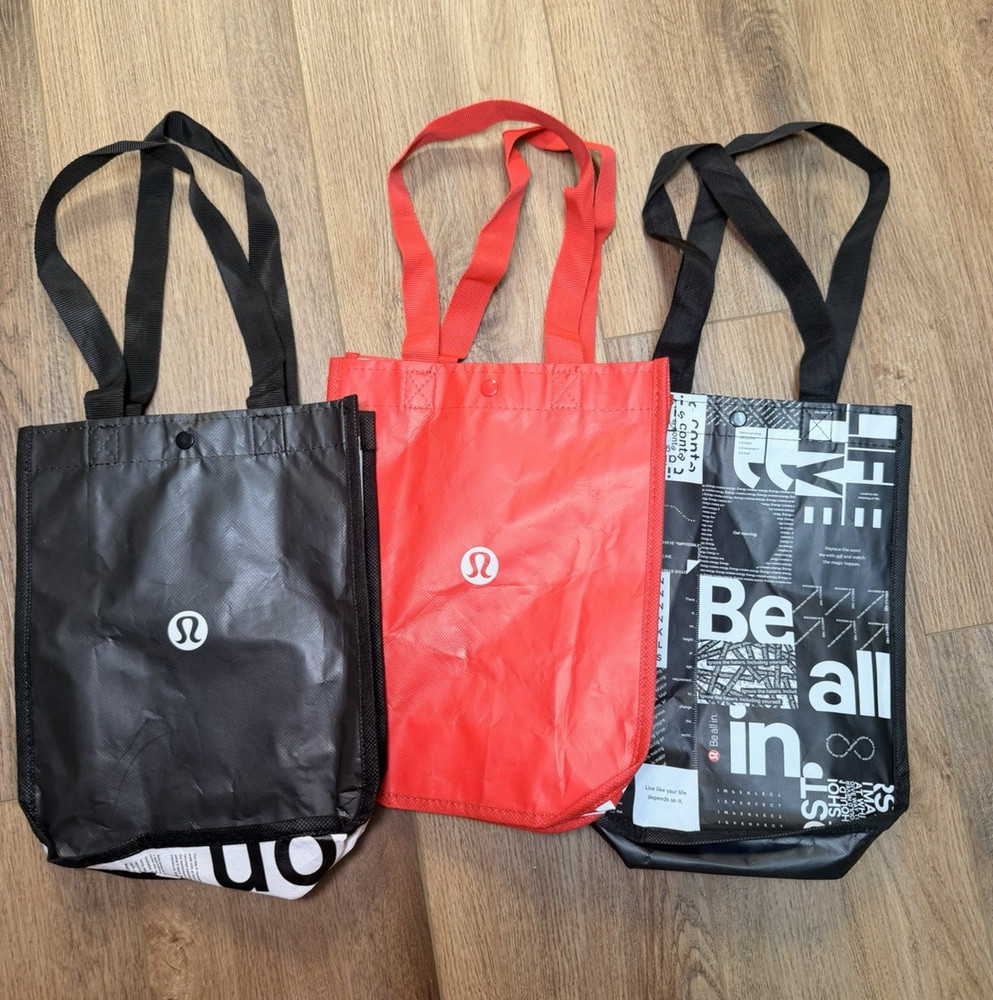 Lululemon Foldable Reusable Shopping Bags Set of 3 Black Red Multicolor Plastic