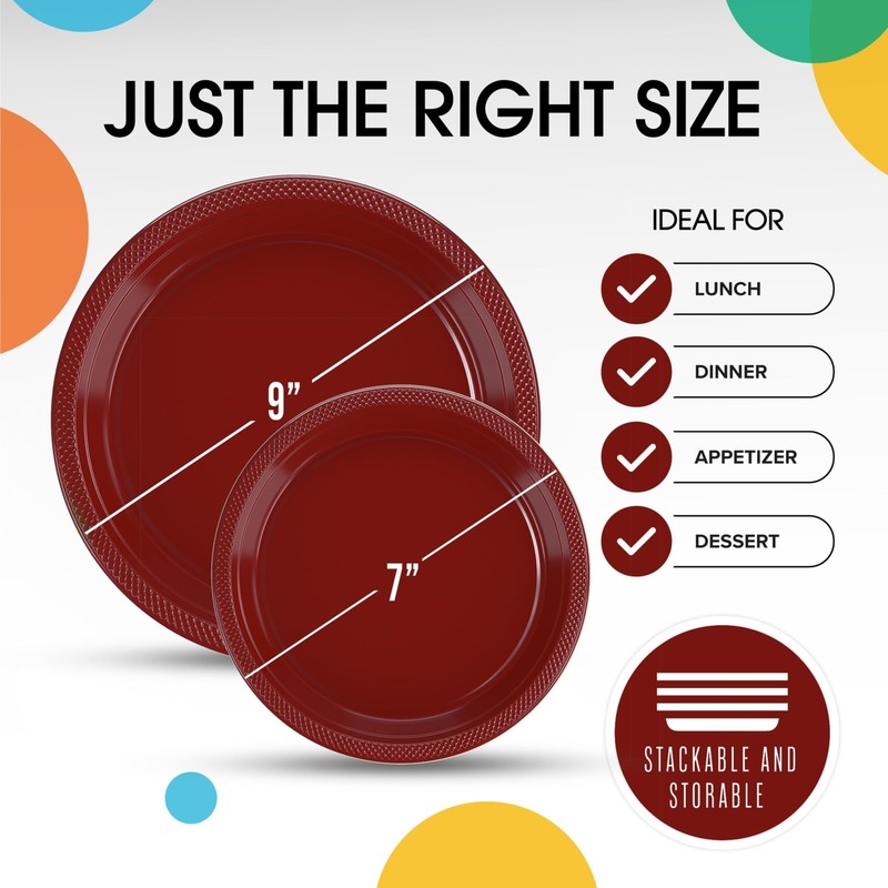 9 & 7 Inch. Dinner Plate Combo 100 Pack Burgundy Plastic Plates Disposable 507 I gallery