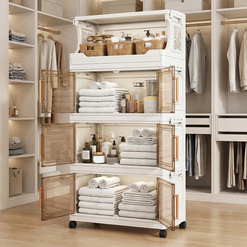 4 Tier Stackable Plastic Storage Bins with Doors and Wheels Foldable Container gallery