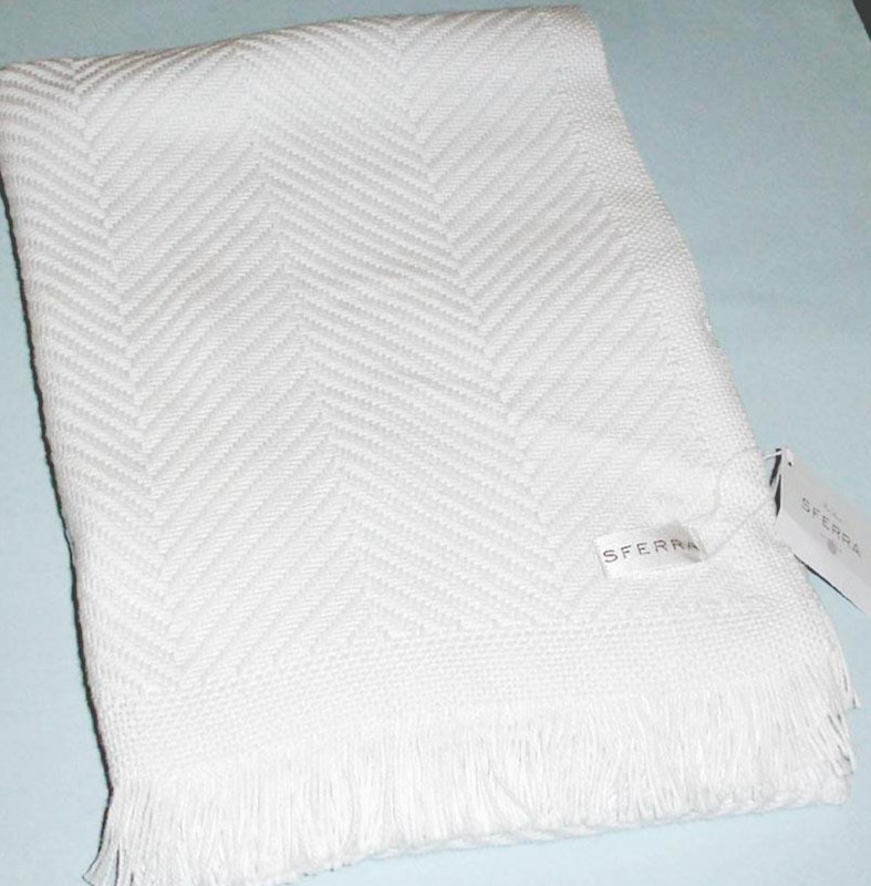 Sferra Costa Solid White Cotton Throw Blanket Herringbone Weave/Fringe 50x70 New gallery