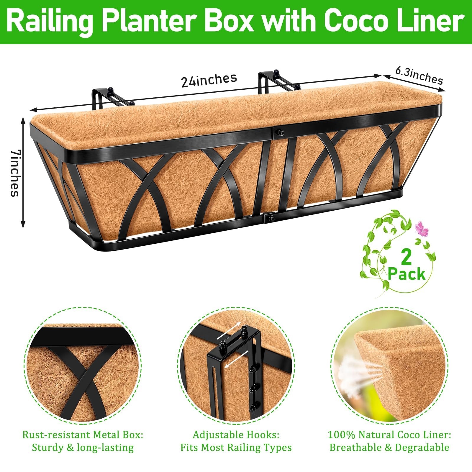 24" Metal Railing Planter Box - 2 Pack with Coco Liner for Deck, Balcony, Porch gallery