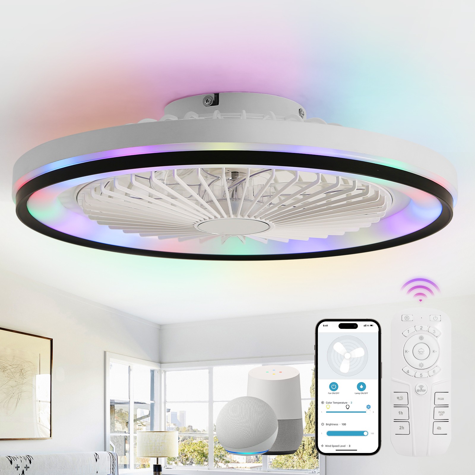 Sofucor 19'' RGB LED Ceiling Fan with Light & APP & Remote Control Reversible gallery