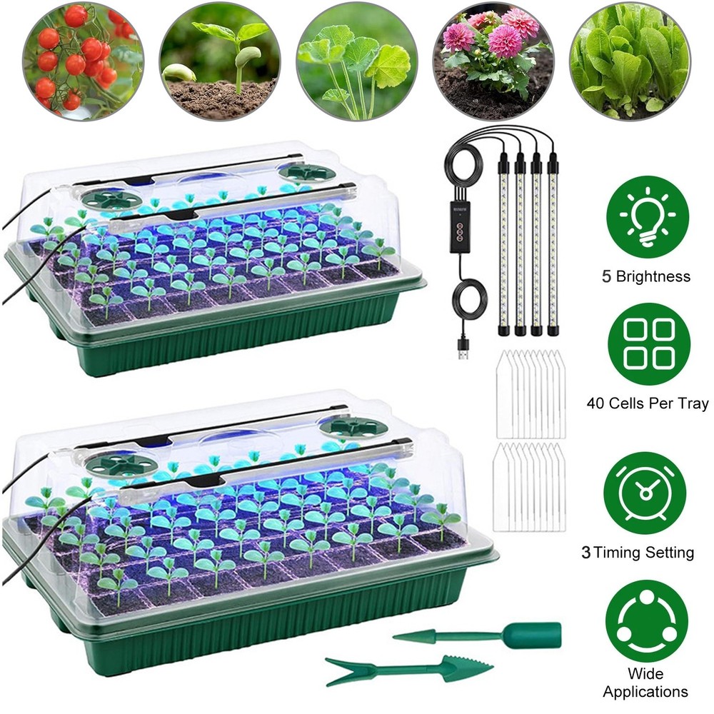 Seed Starter Tray with Grow Light, 2 Packs 80 Cells Seed Starting Kit, Reusable