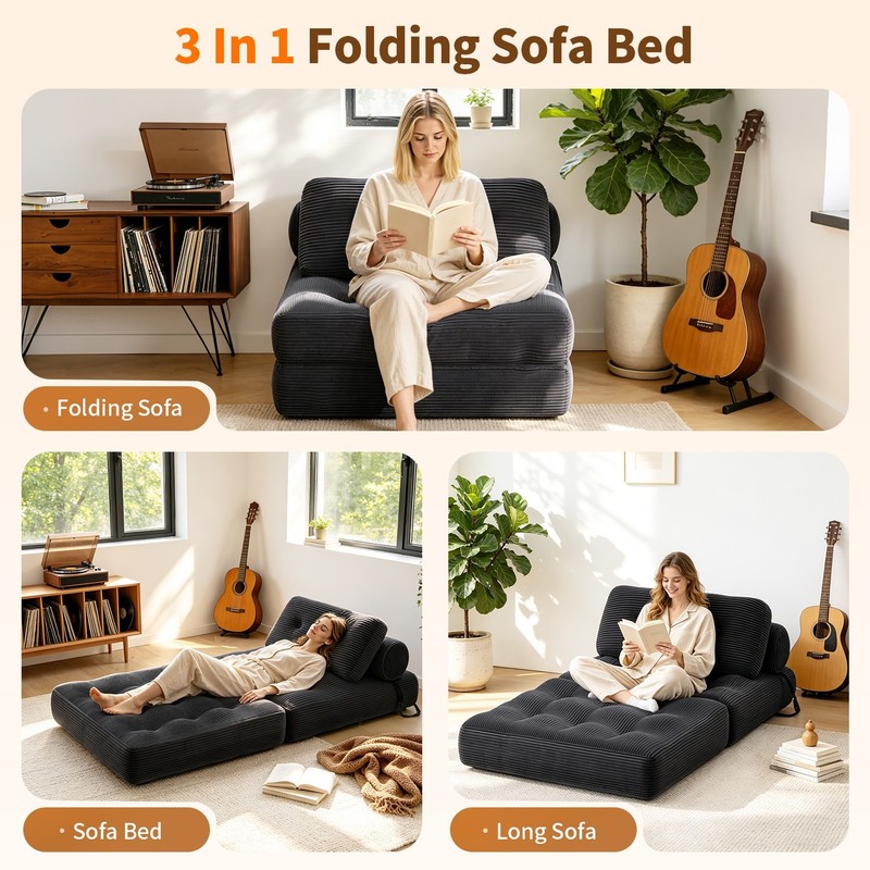 Folding Sofa Bed, Single Floor Sofa Bed Chair, Boneless Design, Soft Corduroy gallery