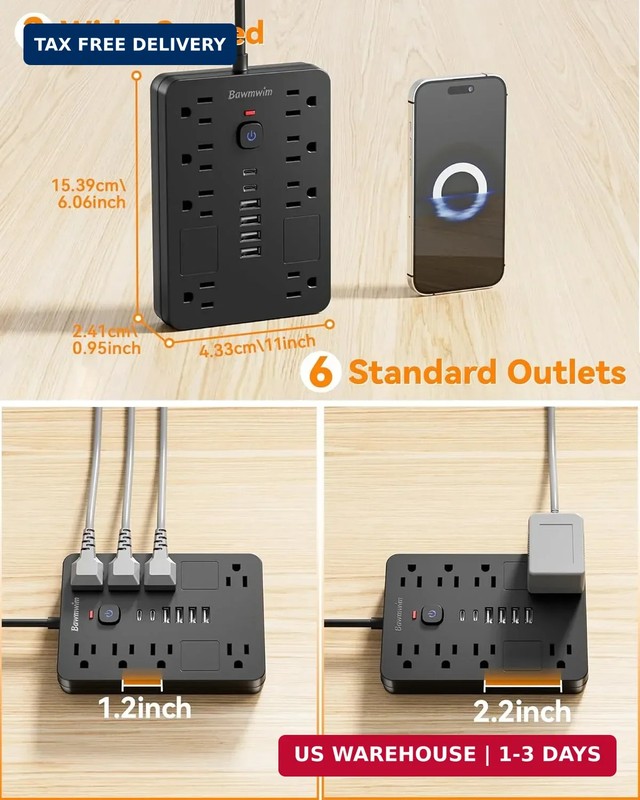 Surge Protector Power Strip - 8 Outlets(1850W/15A/14AWG) with 6 USB Ports(2 USB gallery