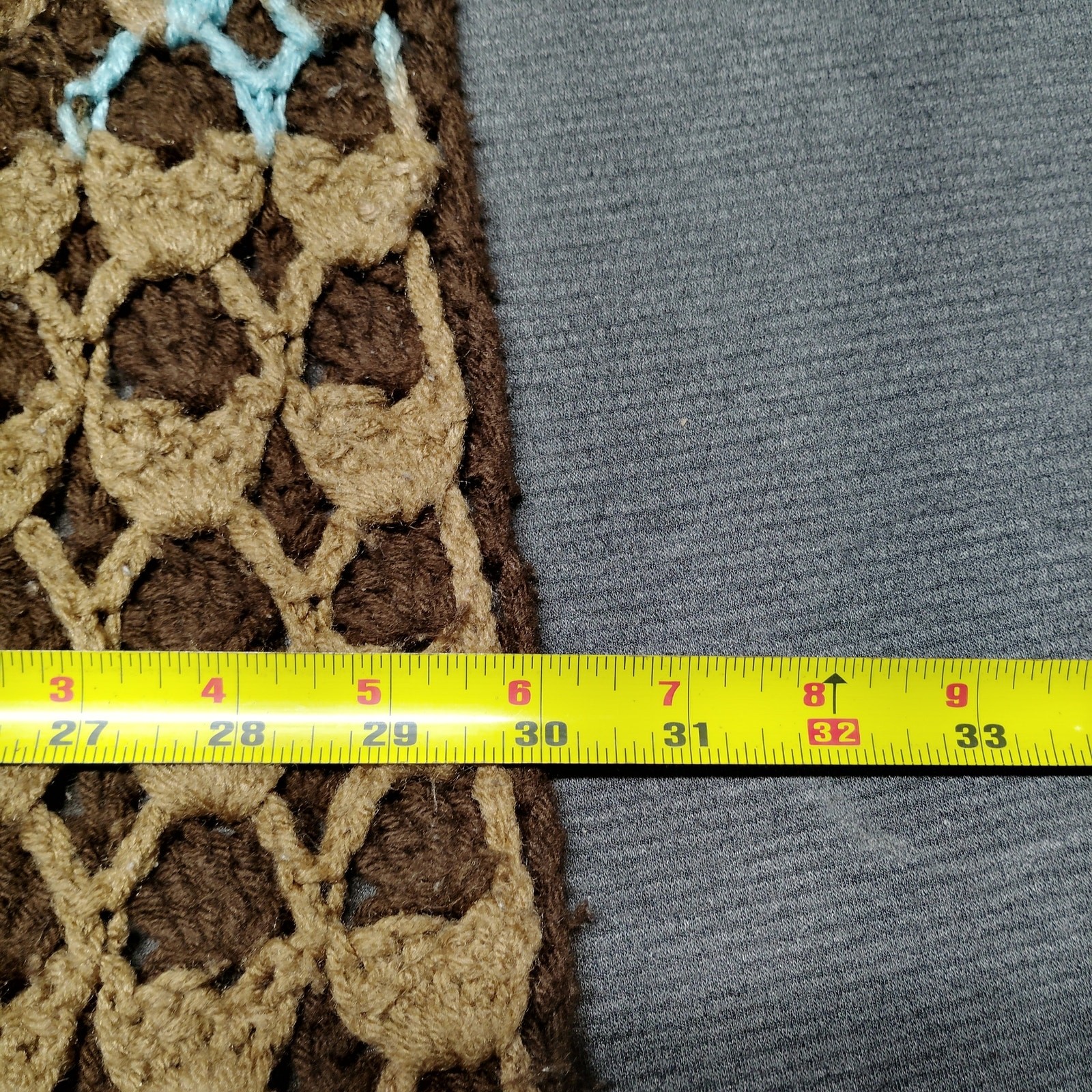Handmade Crochet Afghan Throw Blanket in Brown Tan and Turquoise Blue 77 x 30" gallery