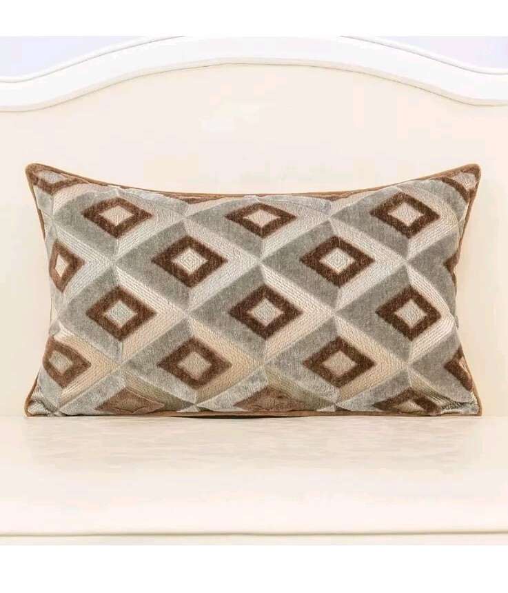 Rectangle Pillow Geometric Plaid Embroidery Cut Velvet Cushion Case Luxury ...