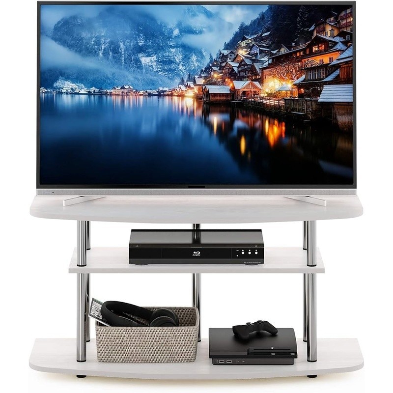 Durable 3-Tier TV Stand 43 in TVs Engineered Wood Metal Tubes Home Decor White gallery