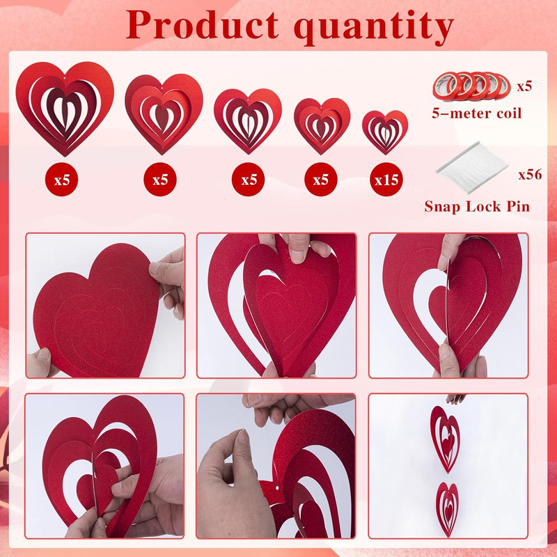 40Pcs Valentine'S 5D Glittering Heart Hanging Foil Decorations, Swirl Red Hollow gallery