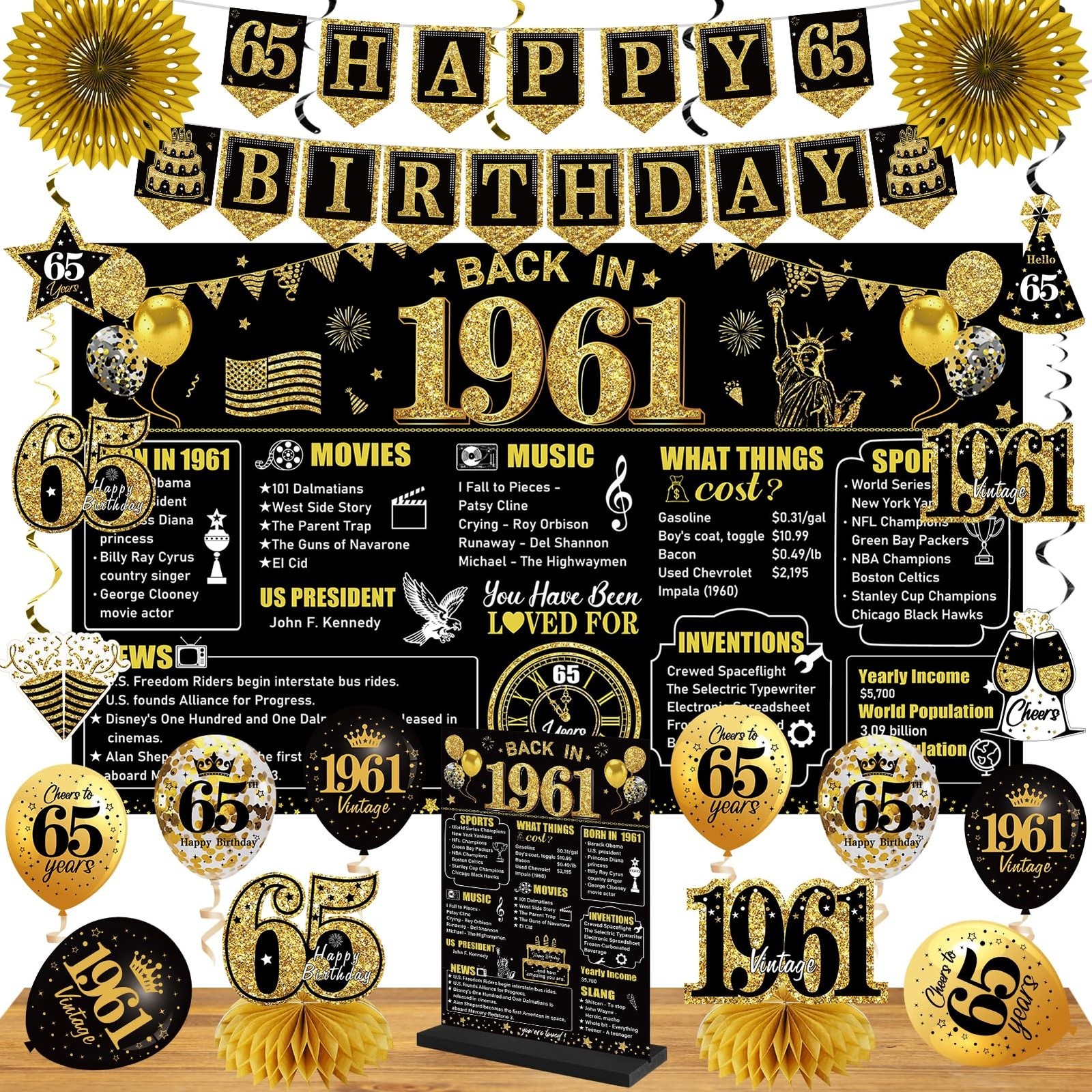 65th Birthday Decorations Kit for Men Women, Black Gold 24PCS Back in 1961 Ba... gallery