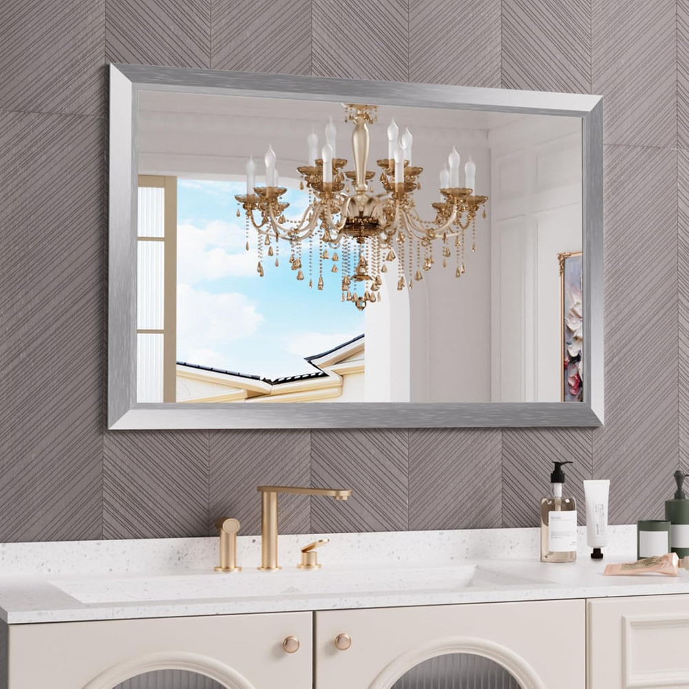 48x32 Inch Silver Bathroom Mirror, Thick Metal Frame, Horizontal/Vertical