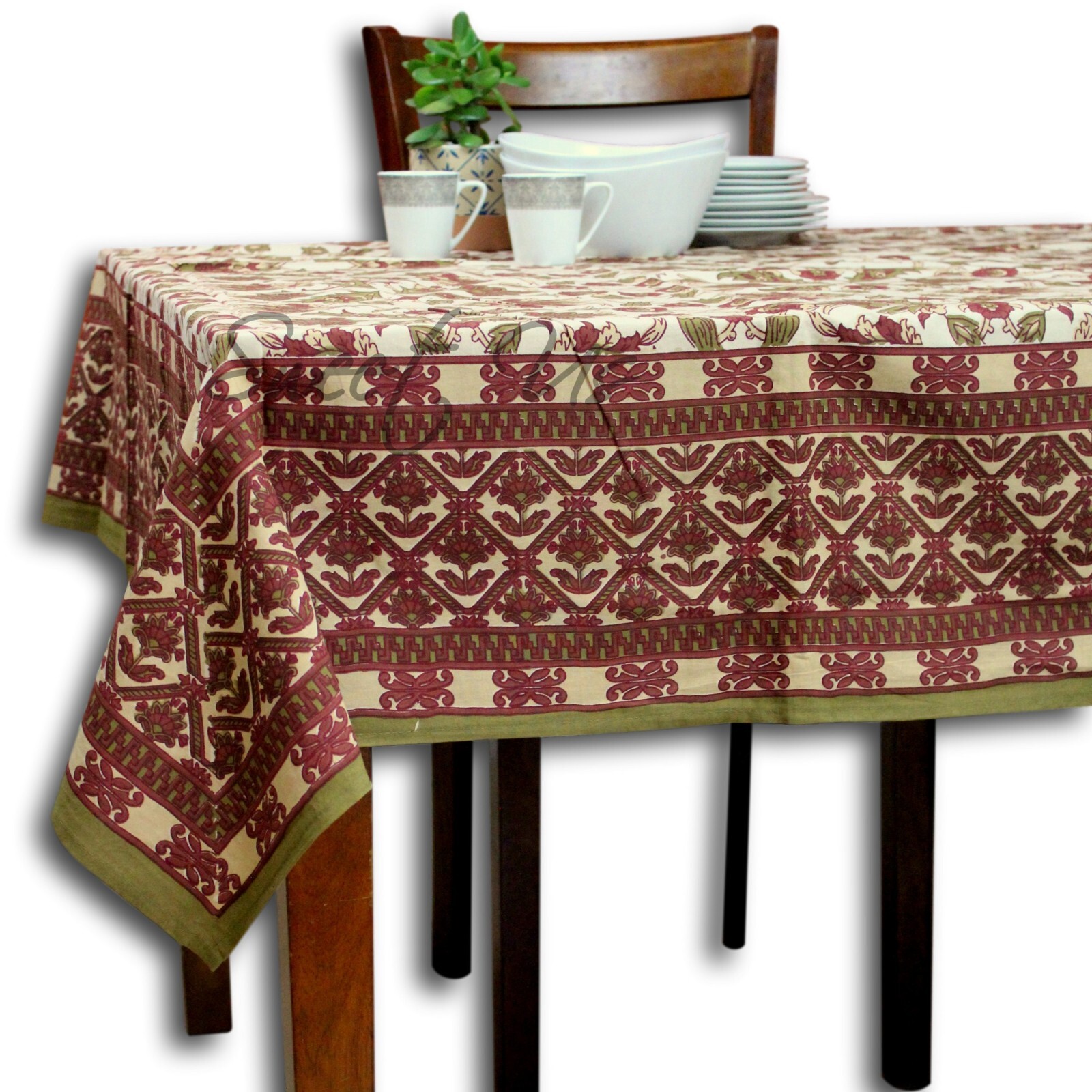 Cotton Floral Geometric Tablecloth Rectangle Brick Red Olive Green 70 x 104 in gallery