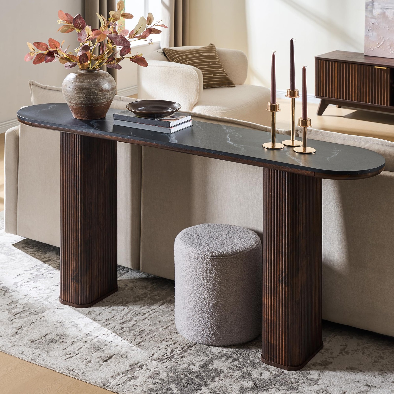 63in Modern Console Sofa Table Arc Faux Marble Top Fluted Wood Base Dark Walnut gallery