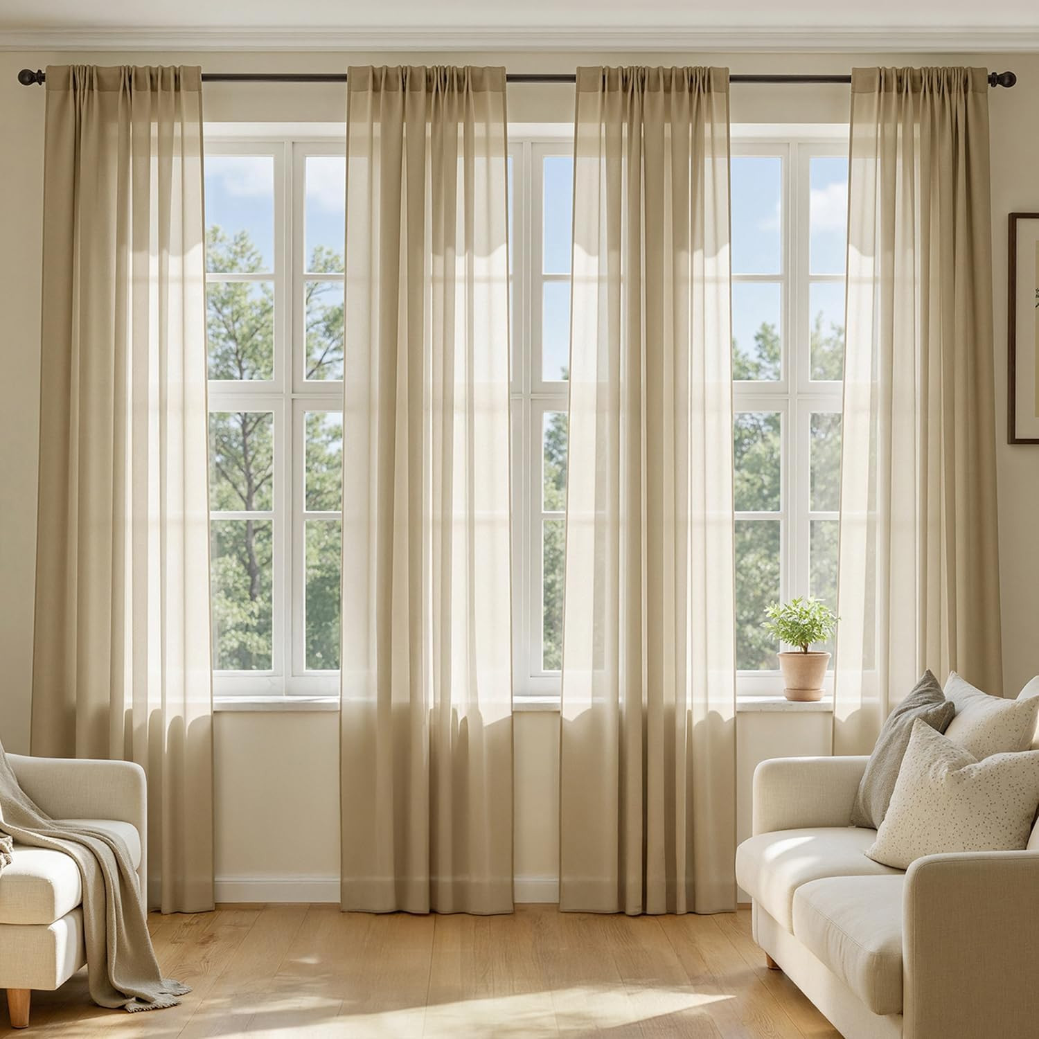 MIULEE Beige Sheer Curtains 63 Inches Long, 4 Panels Set, Rod Pocket Voile Drape gallery
