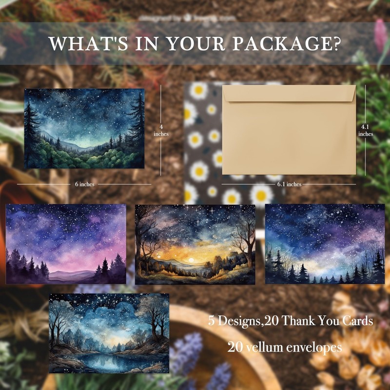 All Occasion Blank Note Cards, Starry Night Sky Watercolor, 20 Pack, Blue gallery