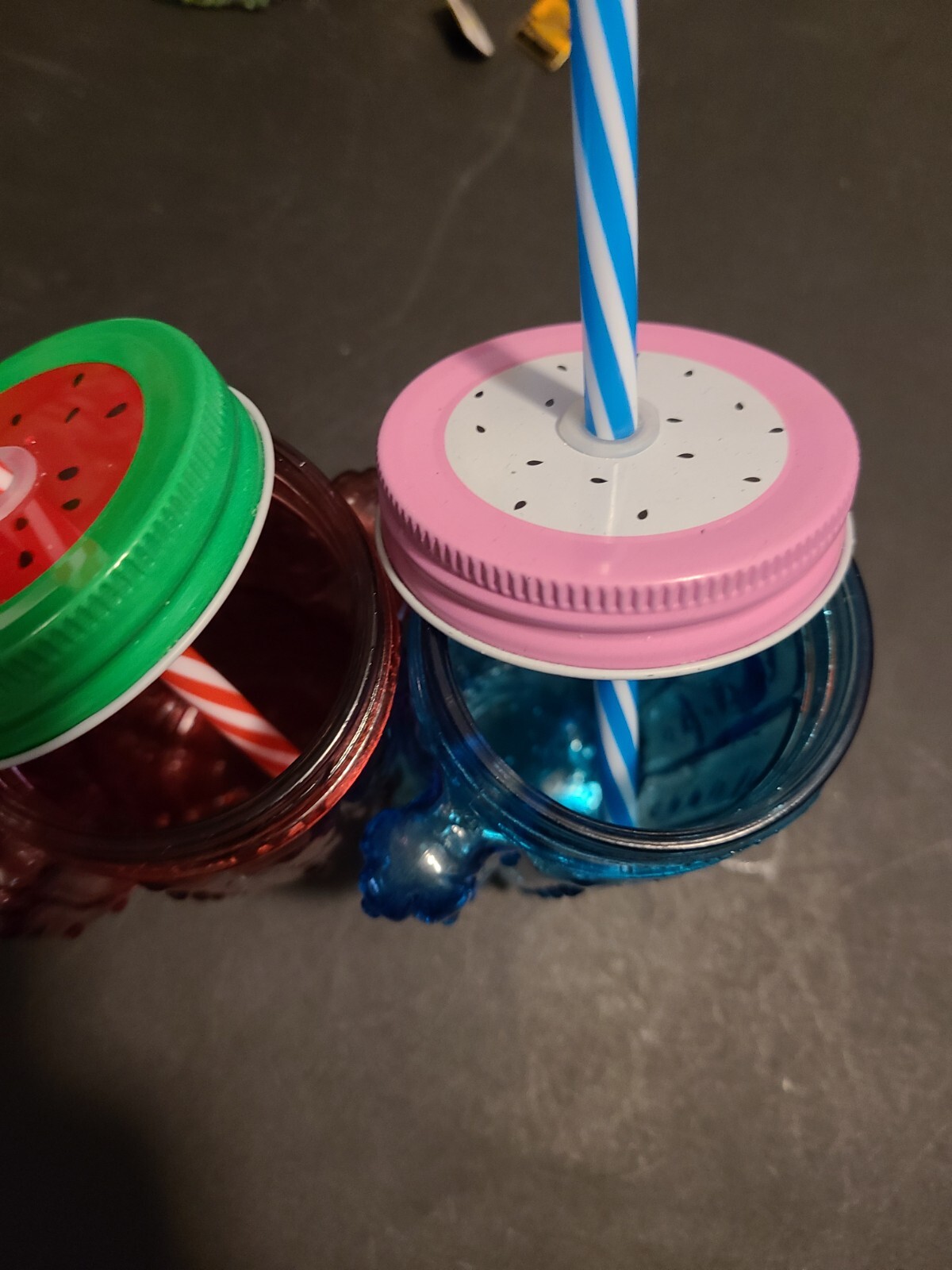 Cactus Jar Red And Blue With Straw And Screw Top Lid Glass. 5.5 Inches Tall. gallery
