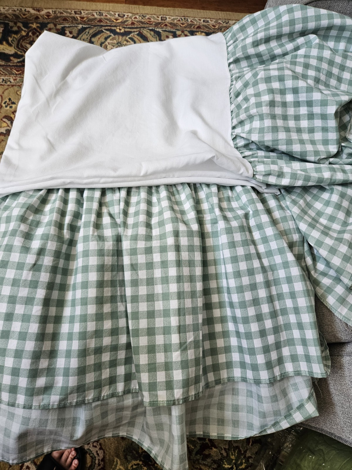 Green Gingham Check Dust Ruffle Bed Skirt Wamsutta KING 14" Drop Cottage USA gallery