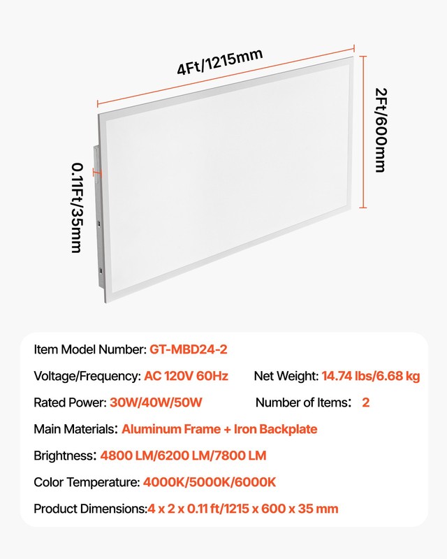 VEVOR 2x4 FT LED Flat Panel Light 7800LM Ceiling Fixture 4000K/5000K/6000K 2 PCS gallery