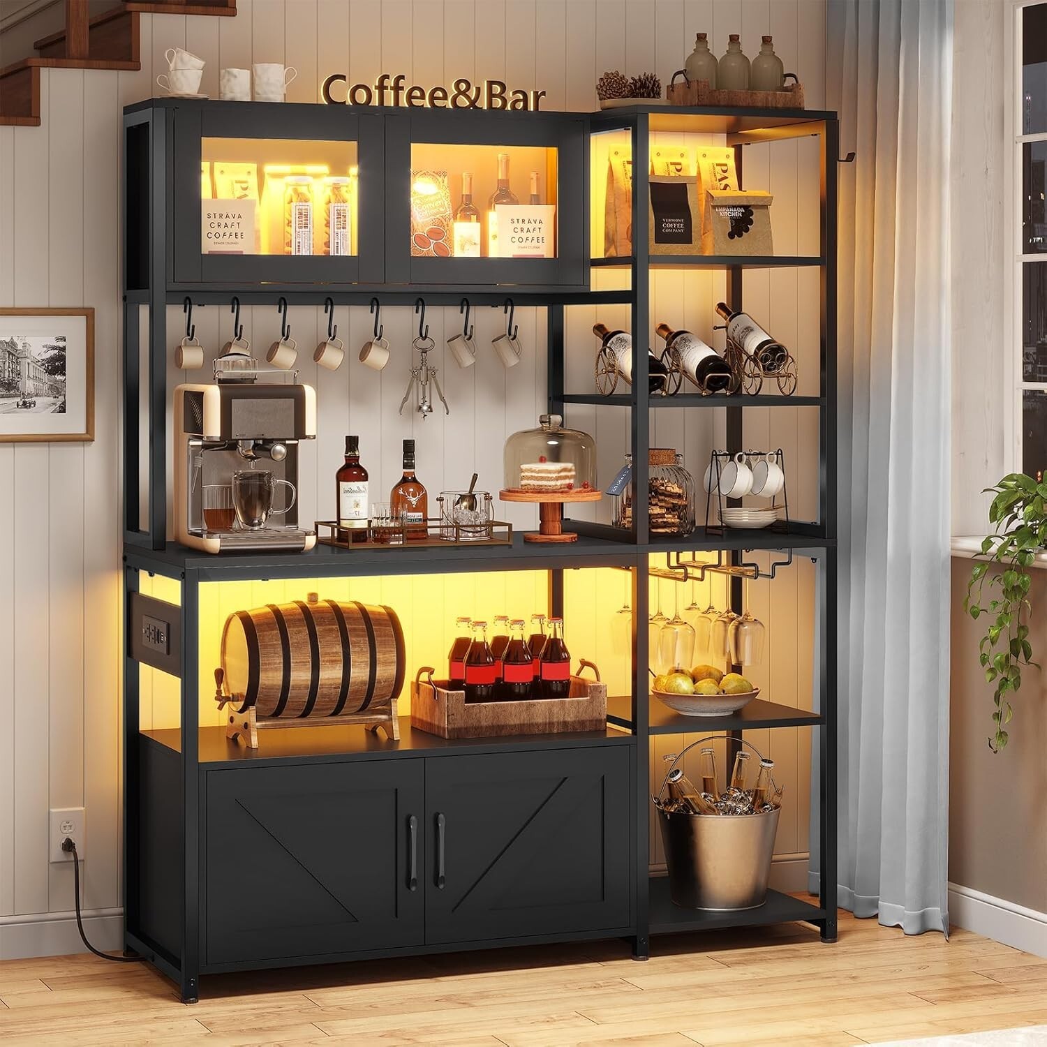 Bakers Rack with Power Outlet, 8 Hooks & LED Light, Farmhouse Coffee Bar Cabinet gallery