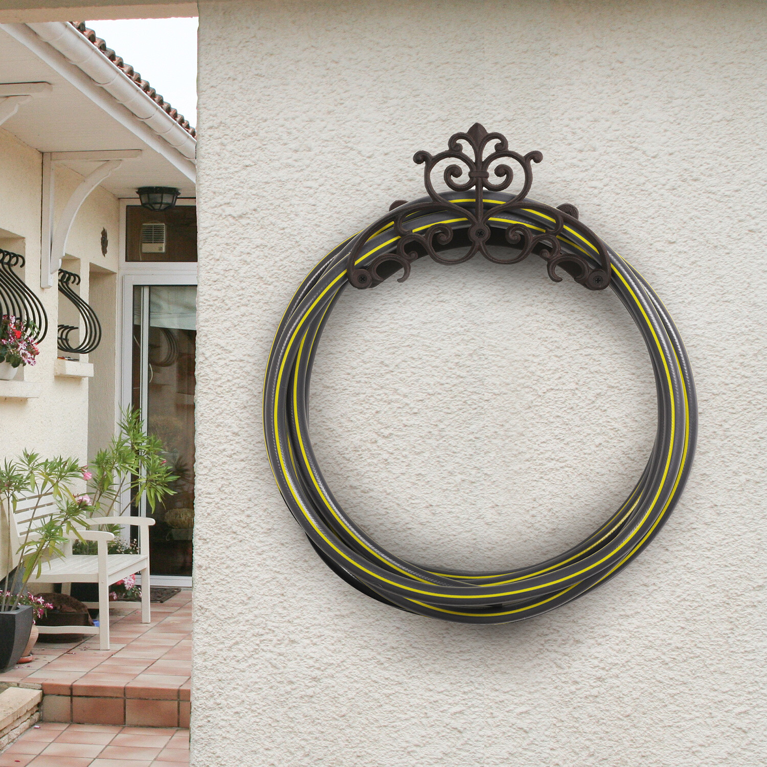 Wall Mounted Brown Cast Iron Scrollwork Garden Hose Holder Reel Storage Rack gallery